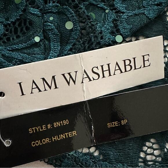 Shelby Nites Green Sequin Lace Bell Sleeve Shift Evening Dress Size 8P NEW - Picture 10 of 14